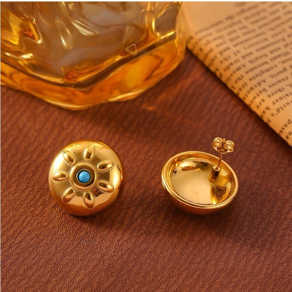 18K Gold Circle Earrings*Round Earrings*Turquoise Earrings - Picture 3 of 8